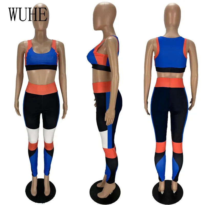 

WUHE Patchwork Color Contrast 2 Piece Suits Off Shoulder Sleeveless Crop Top and Pencil Pants Sports Fitness Streetwear Outfits