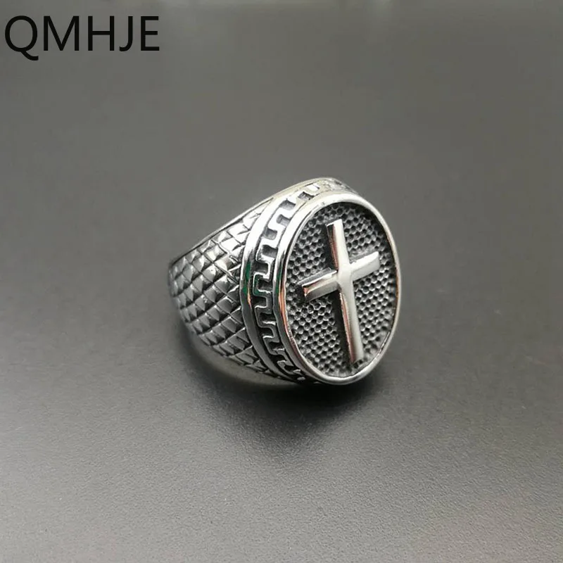 QMHJE, овальные мужские кольца-печатки из нержавеющей стали с крестом, кольцо в стиле хип-хоп, мужские ювелирные изделия серебряного цвета, готический панк классический винтажный DCR010