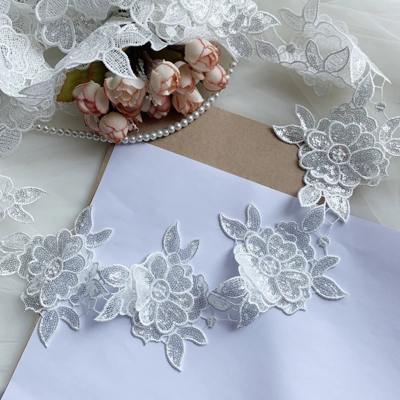 

1 метр = 10 цветов Водорастворимая Вышивка кружевная отделка с блестками блестящая, белые 3D цветочные кружева отделка высшего качества