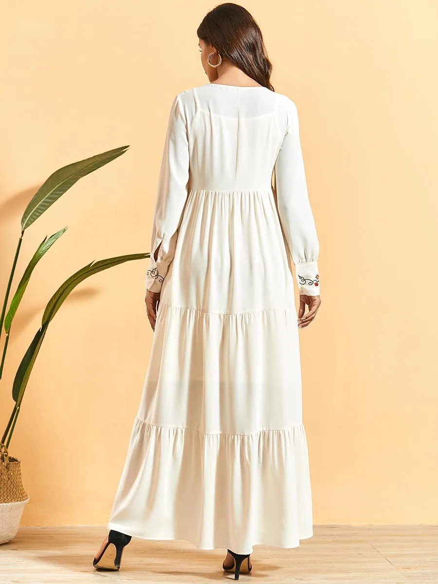 

Embroidery Long Maxi Dress Muslim Women Ethnic Vintage Boho Casual Loose Maxi Robe Square Collar Kaftan Long Sleeve Dubai Gown