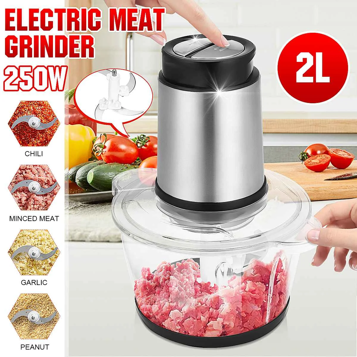 

220V 2L Electric Chopper Meat Grinder Mixer Blender 2 Speed Electric Chopper Household Automatic Meat Vegetable Food Processor