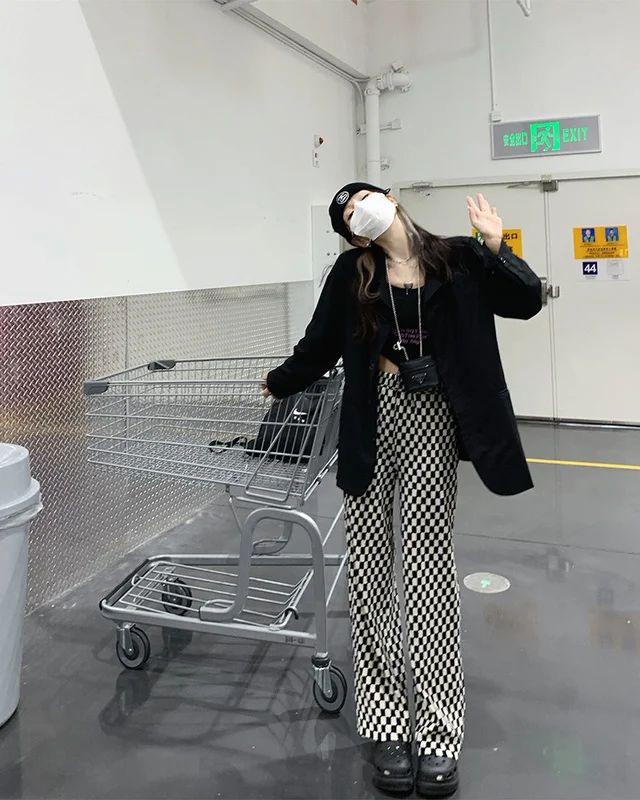 

Real Shot Chessboard Plaid Women's Casual Pants Wide.