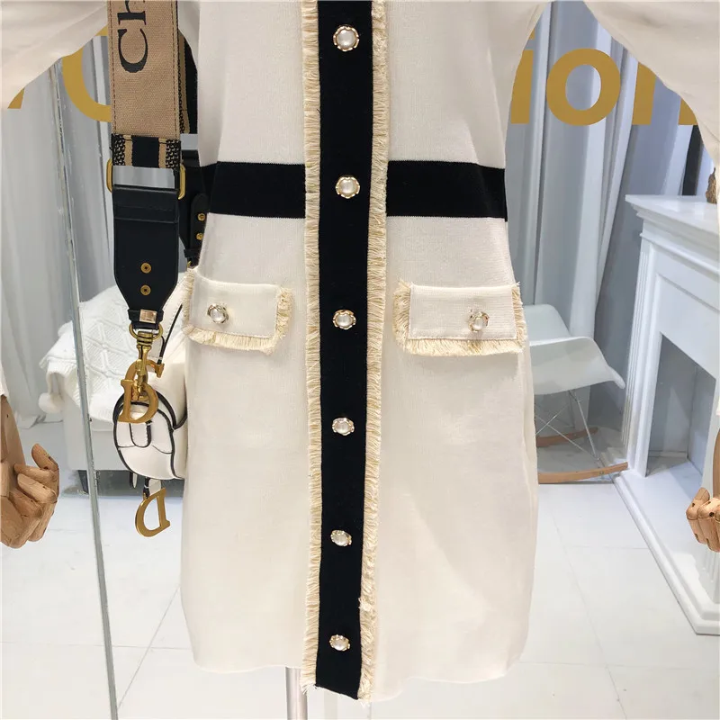 ALPHALMODA осень новое французское вязаное платье с v-образным вырезом и длинным рукавом женское приталенное модное платье с искусственным карманом
