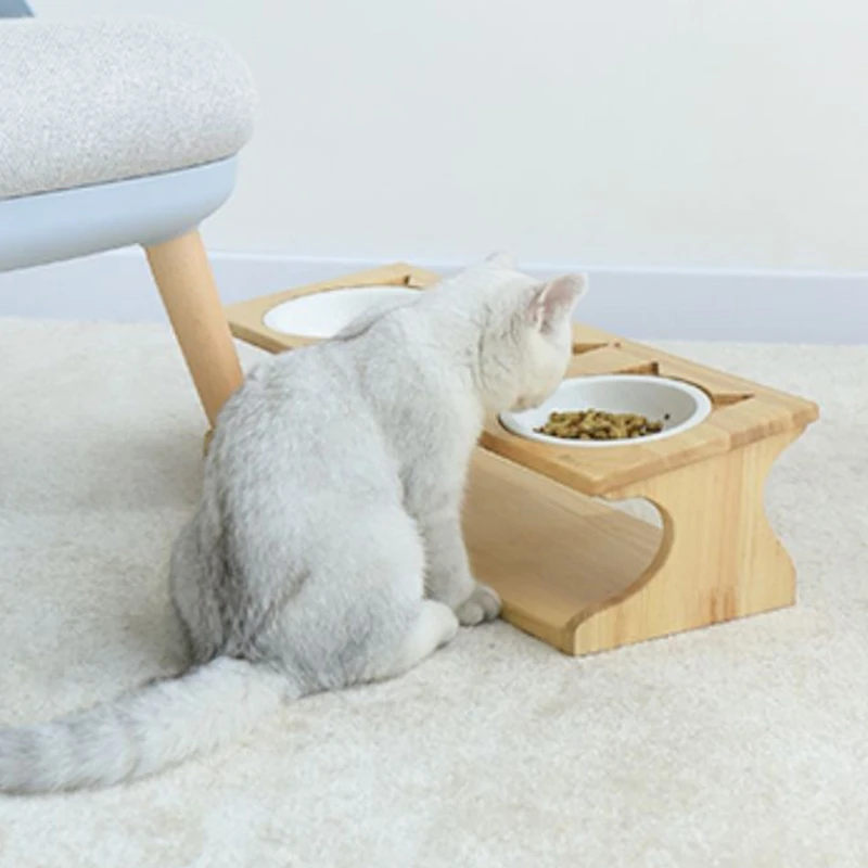 

Health Pet Feeder Three Bowls Stainless Steel with Bamboo Frame Stand Dog Cat Food and Water Dispenser Environmental