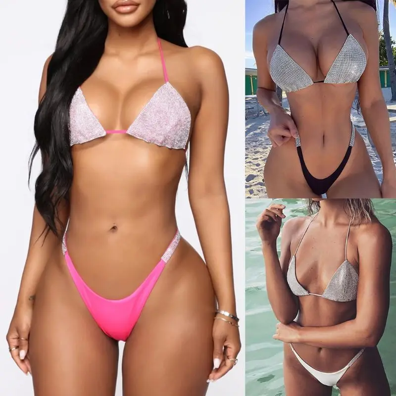 Женский сексуальный комплект бикини из 2 предметов блестящие стразы бюстгальтер