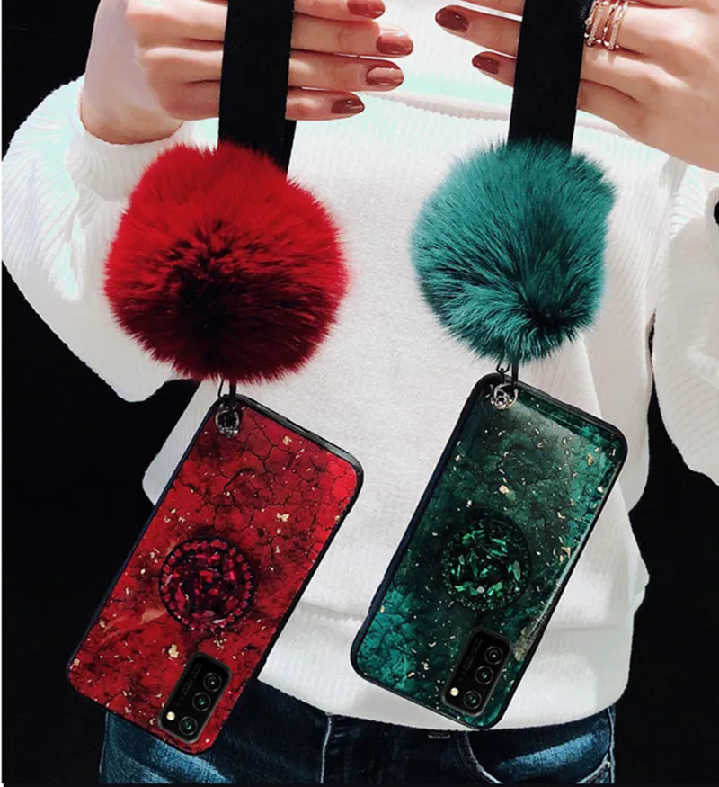 

KONSMART For Huawei Honor 30 Pro+ Case Luxury Glitter Marble Silicon Soft Rhinestones Case Honor 30 Pro Plus Cover With Hairball