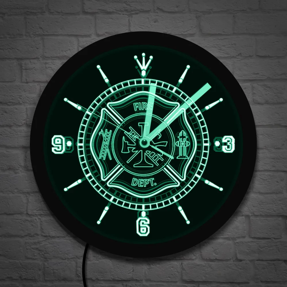 Fire Department Display Sign LED Neon Wall Clock Firefighter