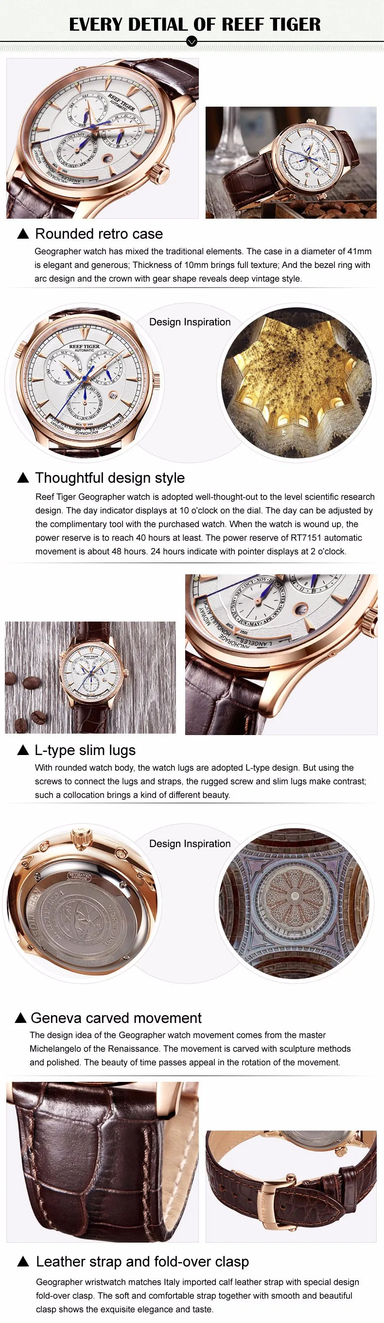 Reef Tiger/RT World Time часы с датой день месяц розовое золото кожаный ремешок часы двойное время Мужские автоматические часы RGA1951