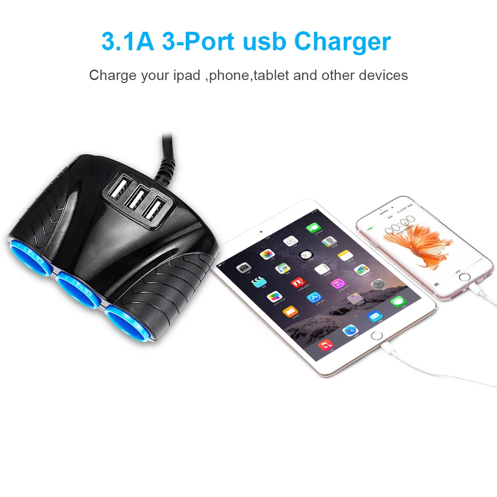 TOSPRA 3 USB порта способа 3.1A Синяя светодиодная розетка для автомобильного