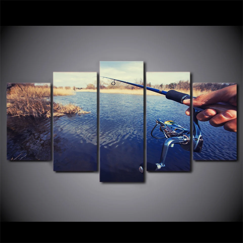

Frame HD Printed Modern Canvas Living Room 5 Panel Lake View Fishing Rod Pictures Home Decor Painting Wall Art Modular Poster