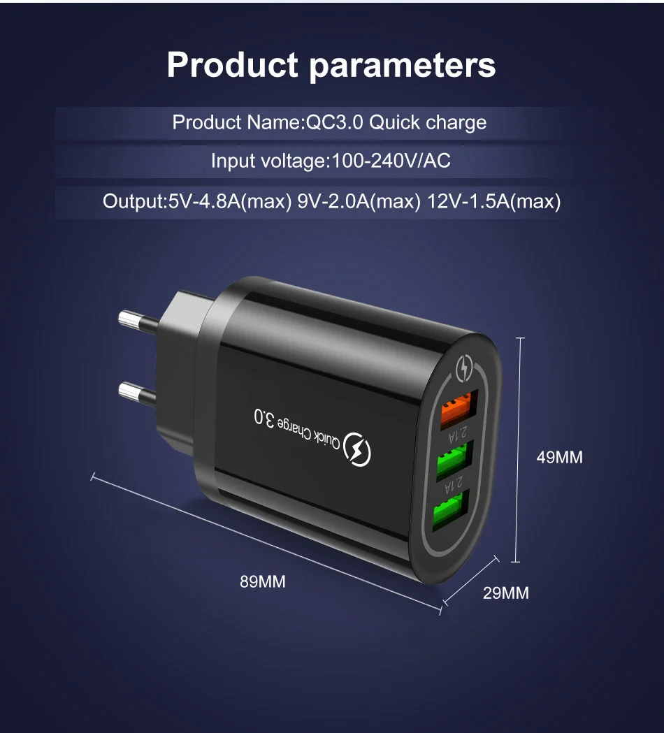 18 Вт 3 отверстия USB зарядное устройство адаптер Быстрая зарядка 3,0 QC 2,0 быстрое зарядное устройство для мобильного телефона QC3.0 ЕС Разъем для iPhone samsung Xiaomi huawei