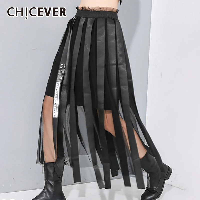CHICEVER корейский стиль лоскутные сетчатые женские юбки с кисточками высокая талия