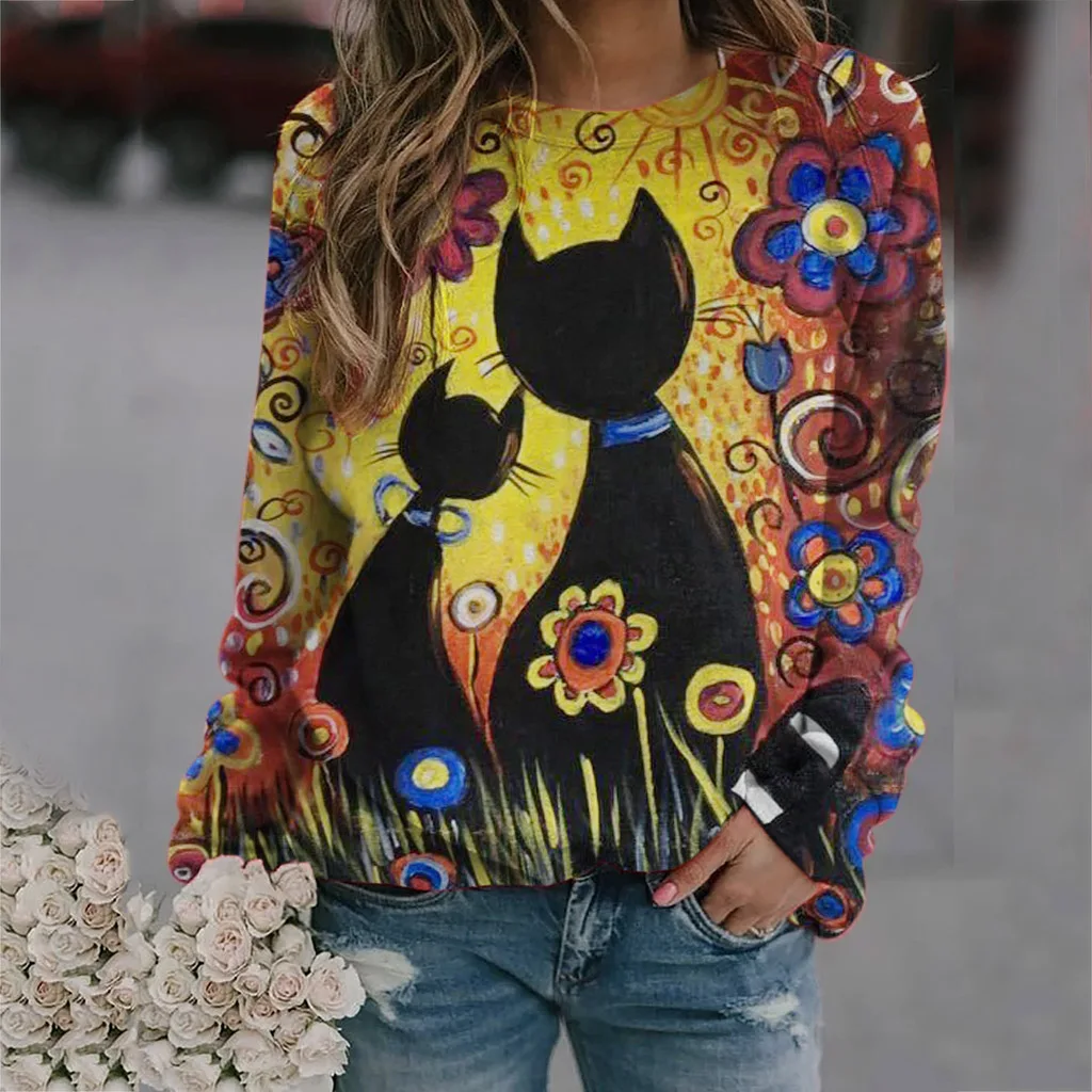 

Женская свободная футболка с длинным рукавом, Повседневный пуловер с рисунком кота и цветов для подростков, топы для весны и осени, 2021