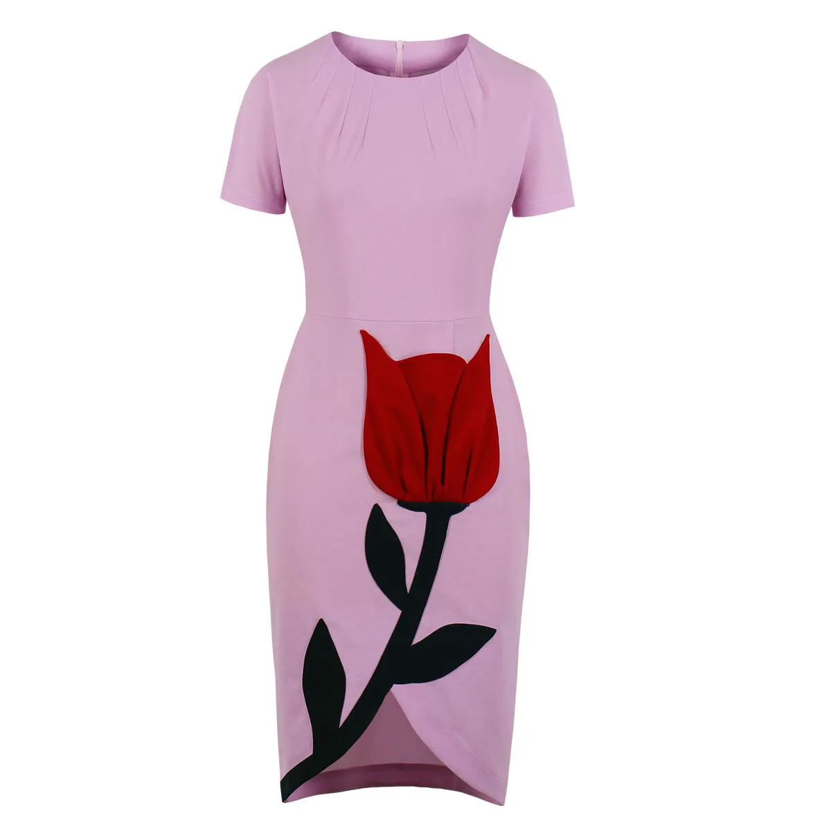 

Appliques Rose Bodycon Pencil Dress Women Elegant Patchwork High Waist Slim Vintage Short Sleeve Summer Dresses