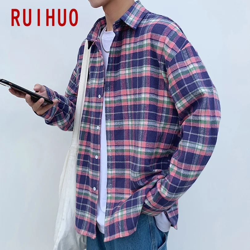 

Рубашка RUIHUO мужская повседневная в клетку, приталенная хлопковая модная размера плюс с длинными рукавами, брендовая M-2XL, весна 2021