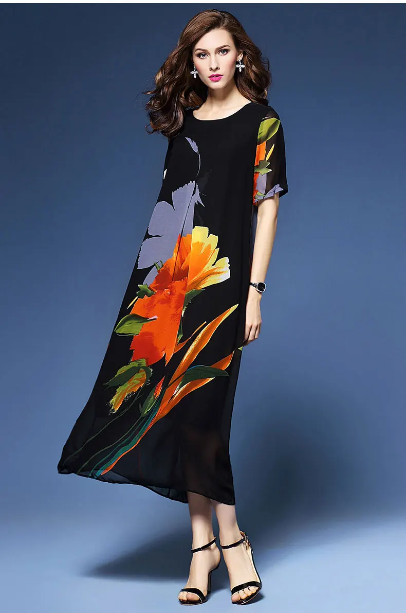 Женское летнее платье Элегантное Шелковое Платье макси в этническом стиле с