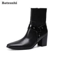 batzuzhi men boots new black leather ankle boots men 7 5cm high heels pointed toe ankle boots for men wedding partysize 38 46
