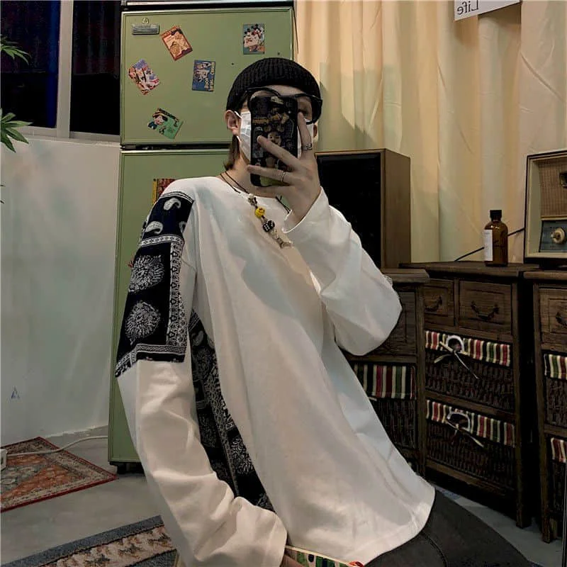 

Spring Tshirt Women T Shirt Plus Size Long-sleeved T-shirt Cashew Flower Stitching Loose Top Korean Harajuku Gothic Punk Clothes