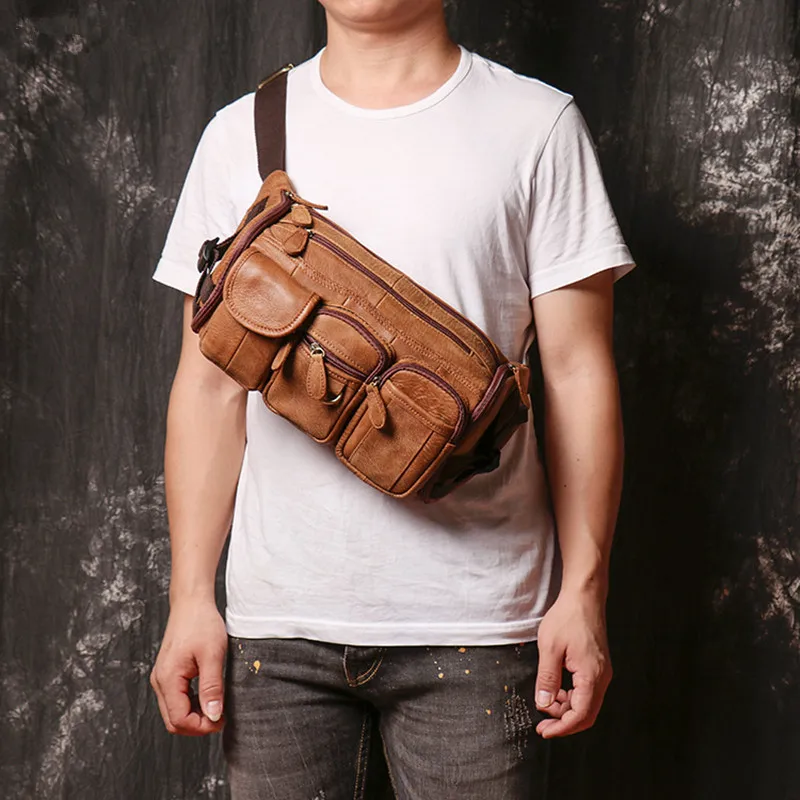 New Genuine Leather Men's Chest Bag Scrub Leather Waist Bag Outdoor Sports Shoulder Bag Multi-Function Messenger Bags