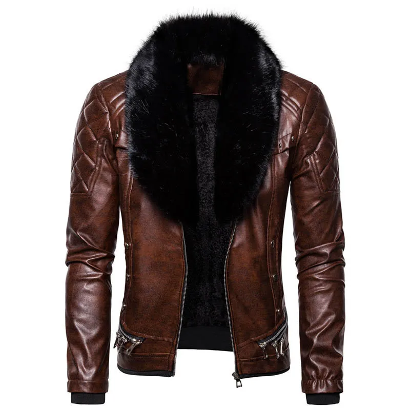 

Mcikkny Men Winter Warm Jackets Punk Zipper Leather Motorcycle Outwear Coats For Male Top Clothing Detachable Fur Collar