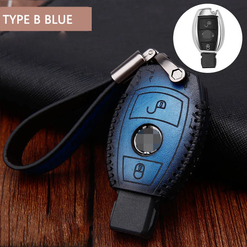 TYPE B BLUE SET Чехол для ключей в стиле ретро, брелок для ключей, брелок для Mercedes Benz AMG W203 W210 W211 W124 W202 W204 W205 W212 W176 CLS CLA - Название цвета: TYPE B BLUE SET