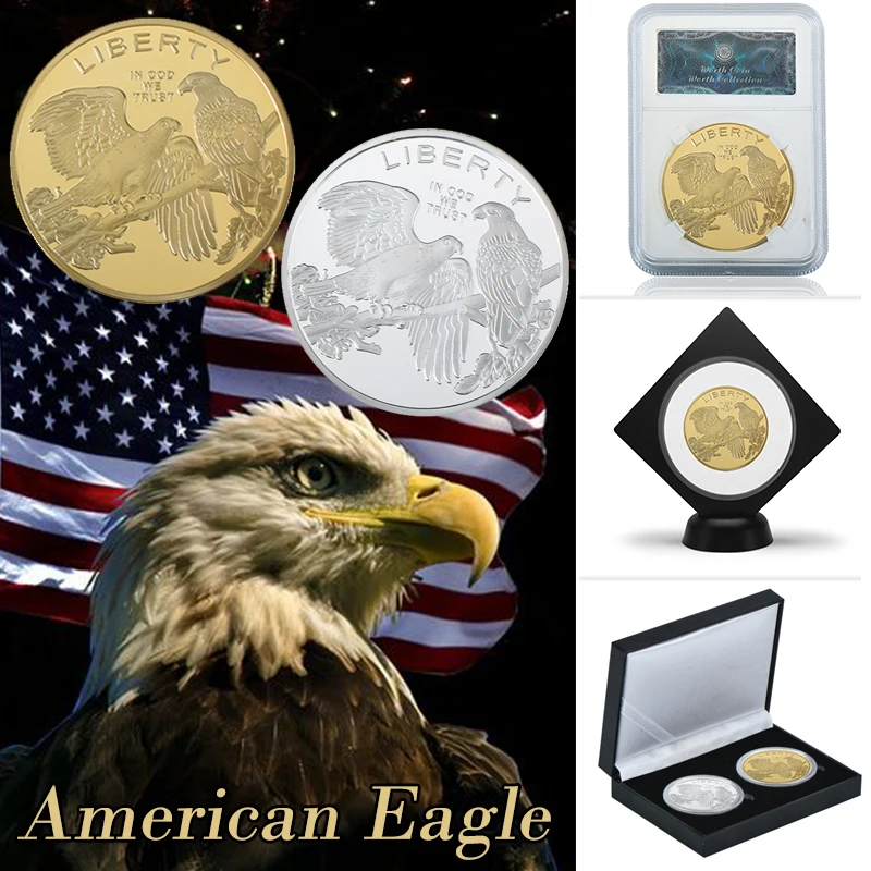 WR American Eagle Gold Plated Collectibles Coins with Coin Holder Silver Us Challenge Original Medal Gift Item Dropshipping | Дом и сад