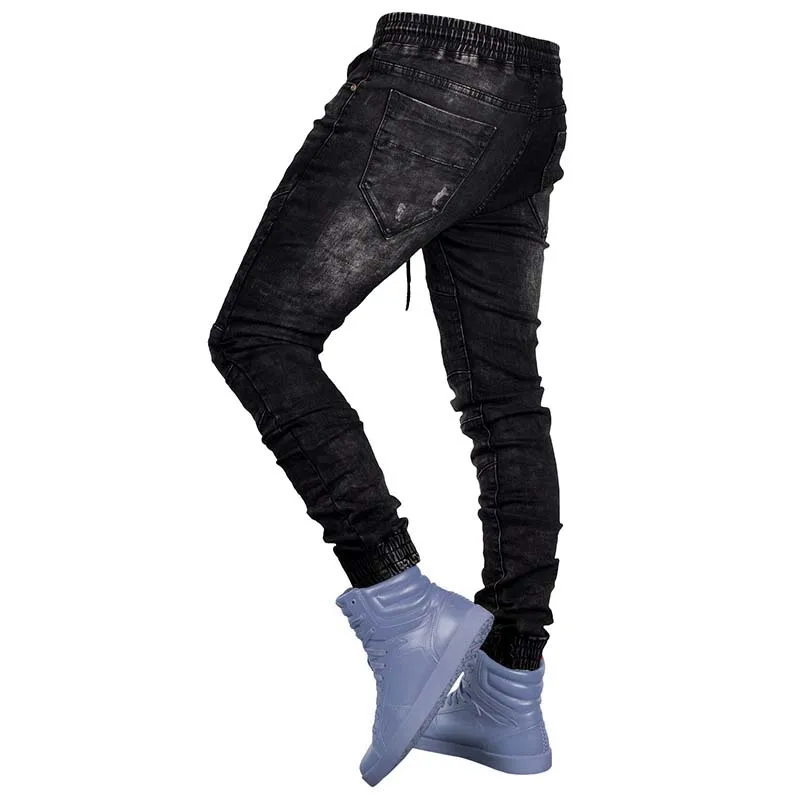 Spring Autumn Men Jeans Solid Drawstring Denim Pants Elastic Belt Fashion Casual Classic Harem Trousers Jogger Pencil Pants 2021
