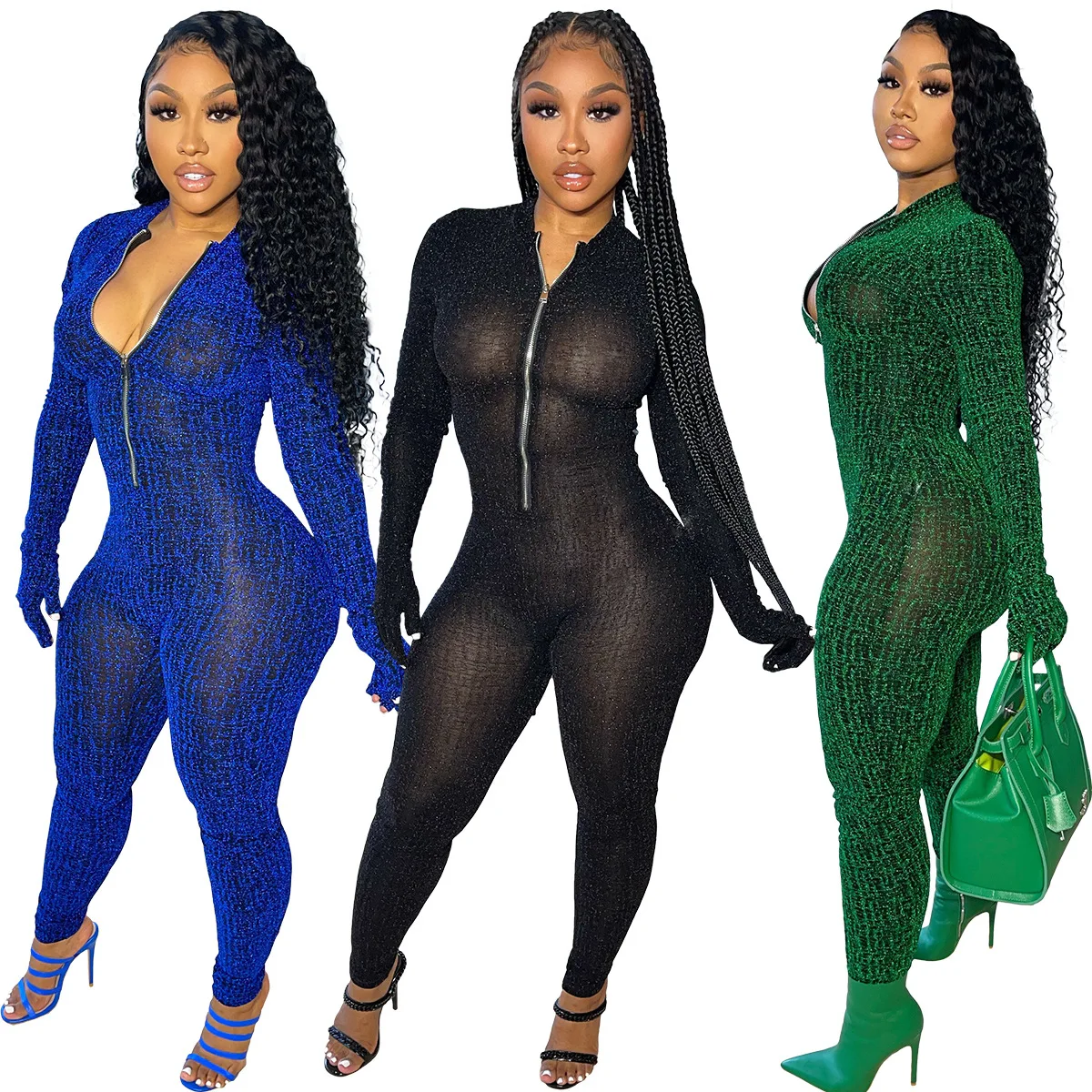 

Fashion Sequined Silk Mesh Jumpsuit with Gloves Women Sexy Zipper Designer Long Sleeve Skinny Overalls Fall Winter Clothing 2021