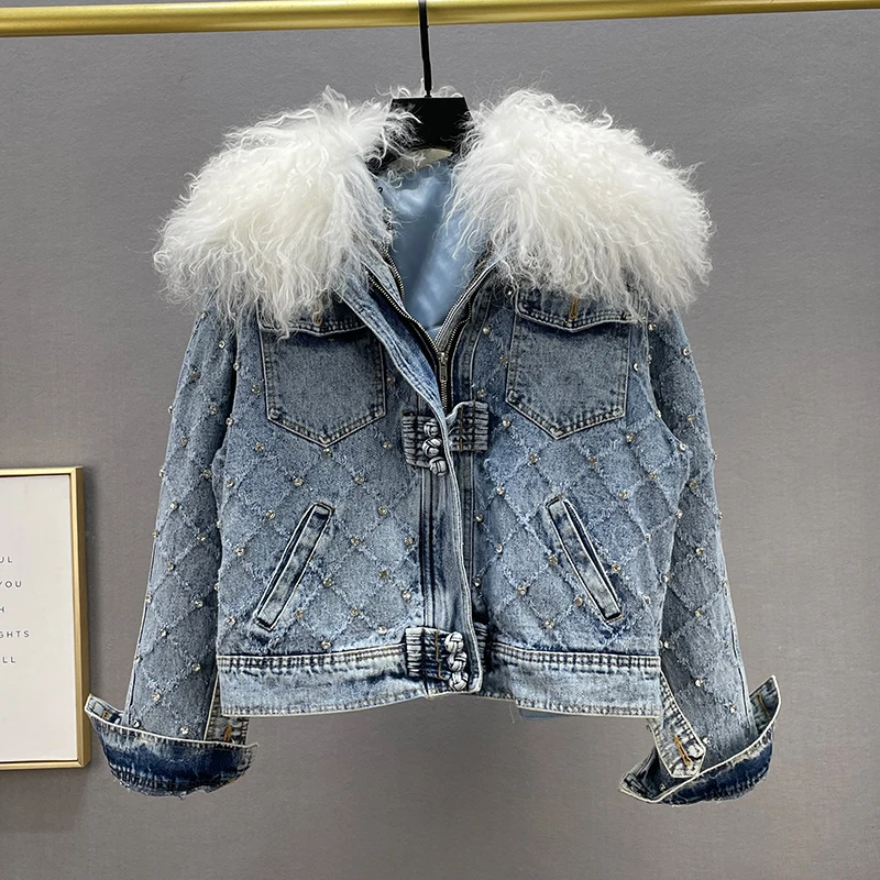 

Джинсовая куртка с большим меховым воротником для женщин, Осень-зима 2021, хлопковая подкладка, толстые джинсы, парка, пальто, женская теплая д...