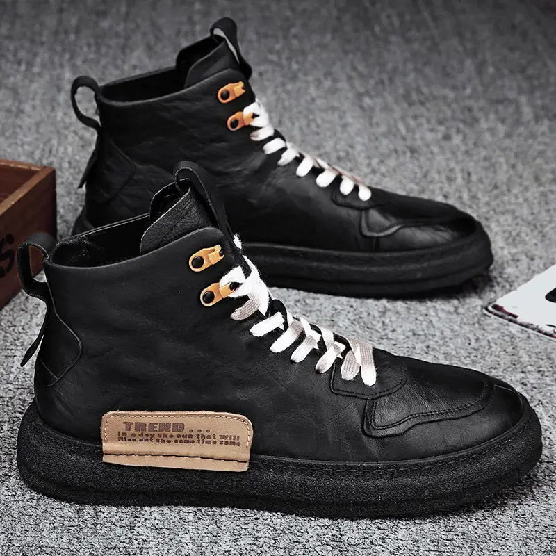 Мужские зимние кроссовки ботинки средней длины мужские винтажные кожаные ручной