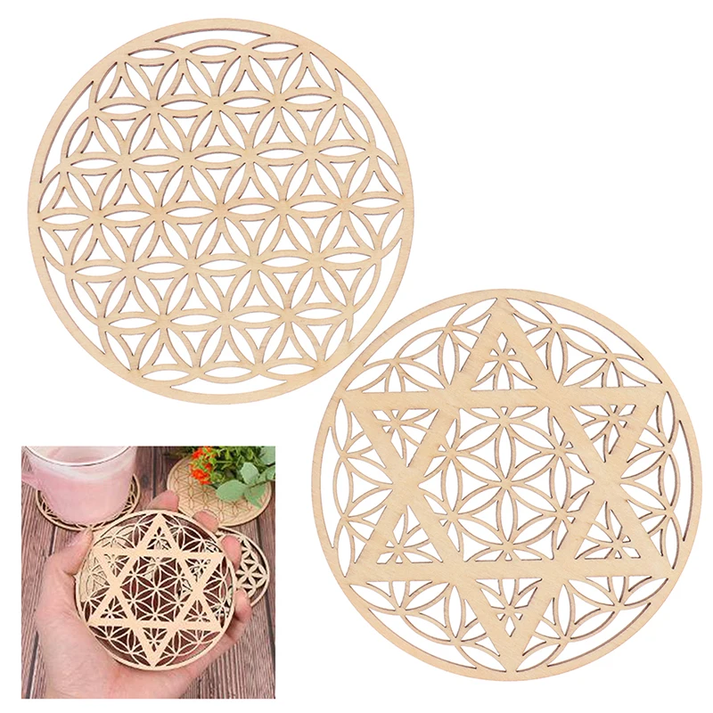 

1PC Natural Wood Chakra Flower of life Natural Symbol Wood Round Edge Circles Carved Coaster For Stone Crystal Set DIY Decor