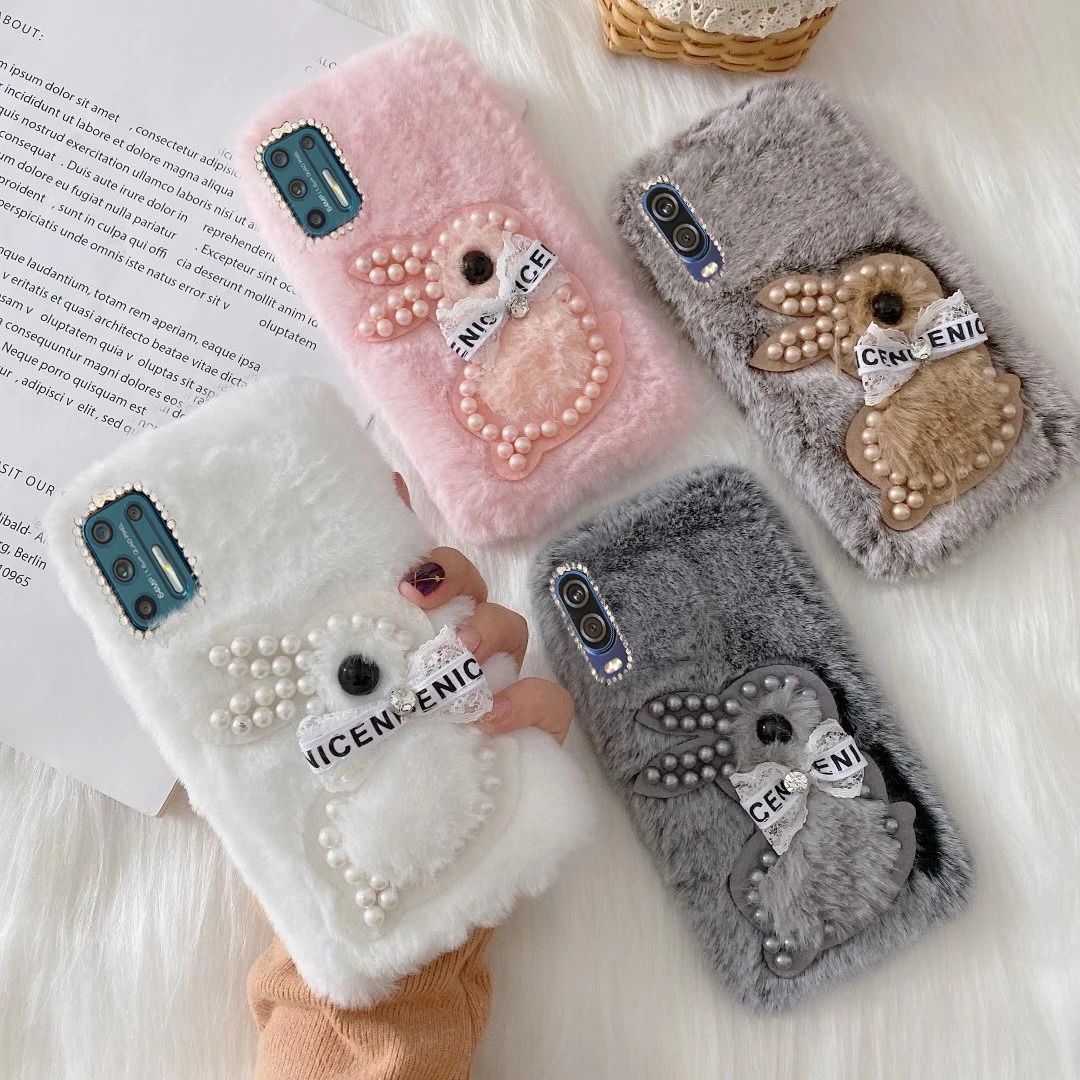 

For MOTO P40 One Vision G100 G3 G4 G5 G7 E7 G5S G9 Plus G6 Play Back Case For MOTO G8 Power Lite Rabbit Bunny Fluffy Soft Cover