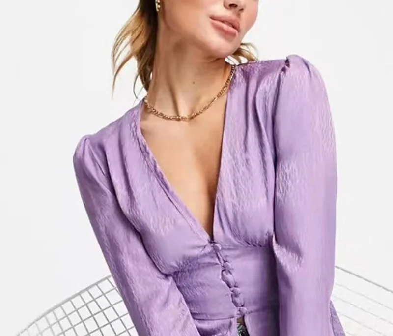 

Women Vintage Jacquard Shirt Tops Slim V-Neck Solid Color Long Sleeve Simple Spring 2022 New Ladies Single Breasted Blouse