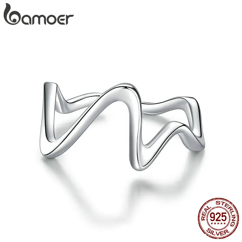 

bamoer Ring 925 Sterling Silver Engraved Simple Waves Open Adjustable Finger Rings for Women 2020 silver ring Jewelry SCR673