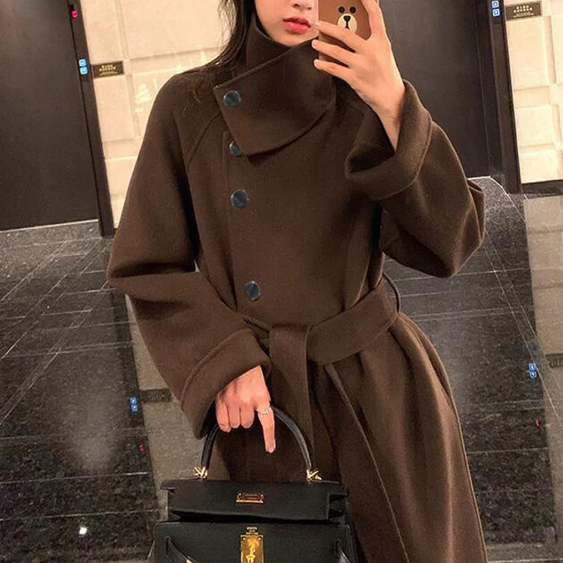 Женское шерстяное пальто элегантное однотонное длинное с длинным рукавом