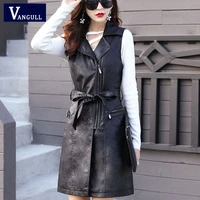 vangull high quality pu leather womens vest long trench coat new female sleeveless waistcoat faux leather blazer plus size 4xl