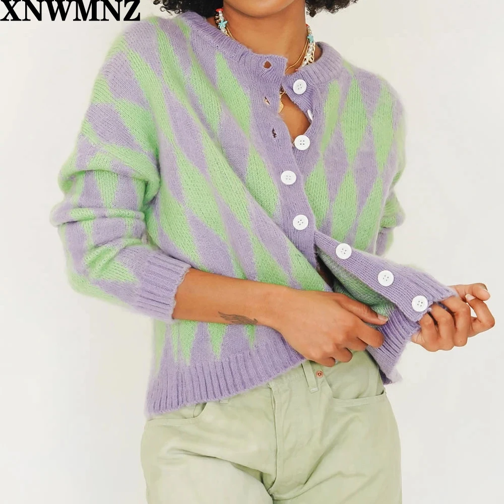 

XNWMNZ Za tops Lilac and Green Argyle Mohair Cardigan With Button Front Long Sleeve Crew Neck Knit Top Women's Cardigan Sweater