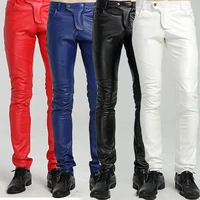 idopy quality pu winter line sexy red slim tight male pant men motorcycle black skinny biker trouser leather jogger blue