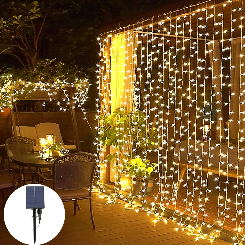 

3X3M Solar Powered 300 LED Window Curtain Lights Copper Wire Christmas String Lights 8 Modes For Wedding Home Garden Warm White