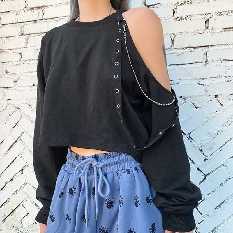 

Cold Shoulder Metal Chain T-shirts Women Casual short Top T-shirt Long Sleeve Gothic Tees Shirts Punk Streetwear Cuteandpsycho