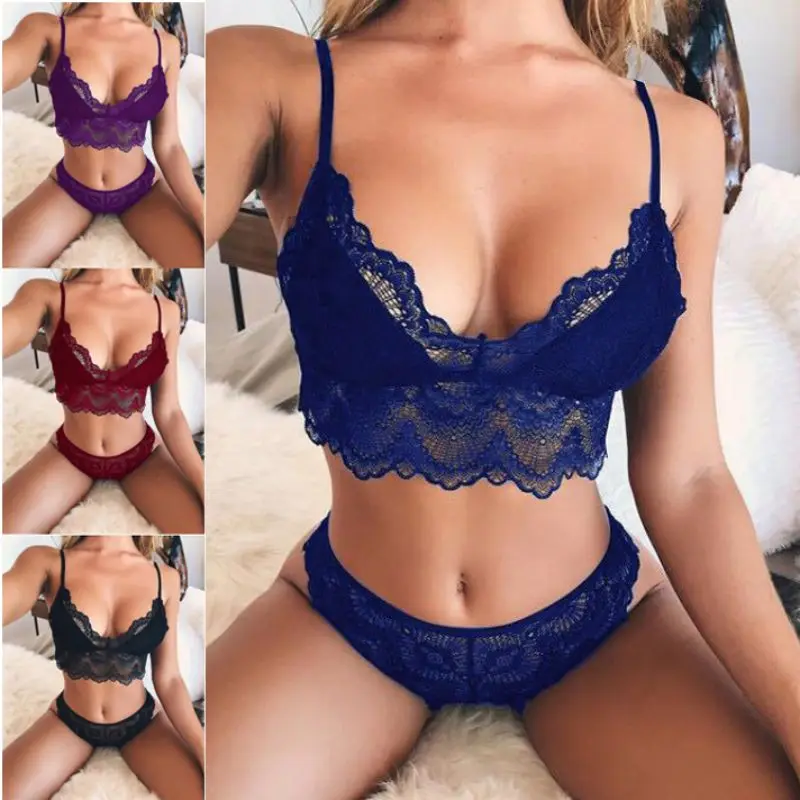 

Women Bra Set Sexy Temptation Lace Solid Color Mesh Deep V Sexy Bra + Panties