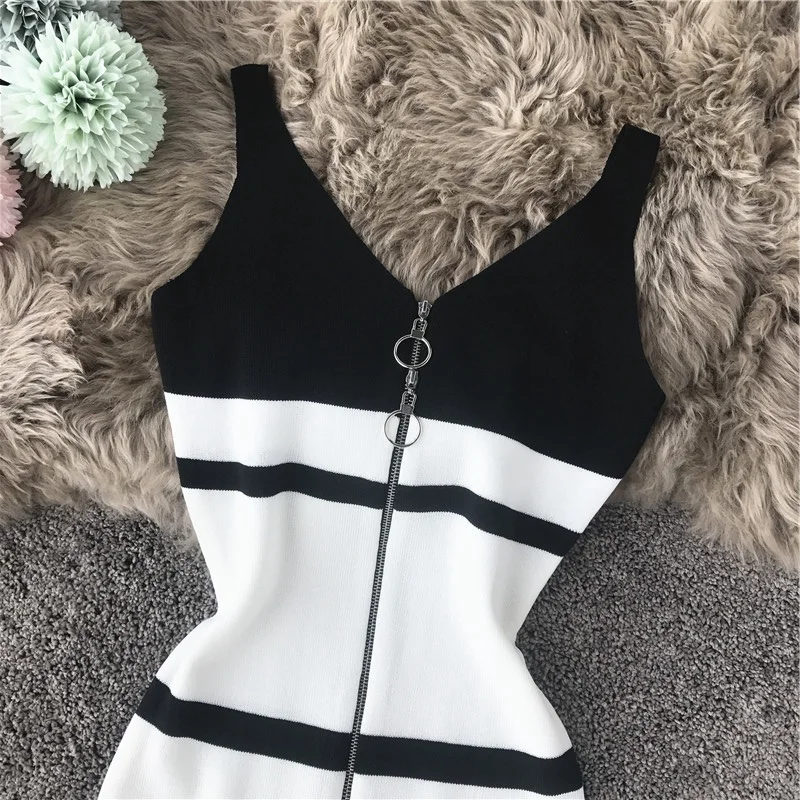 

2021 Sexy V-neck Striped Summer Dress Women High Waist Zipper Midi Dresses Zipper Knitting Stretch Bodycon Vestidos