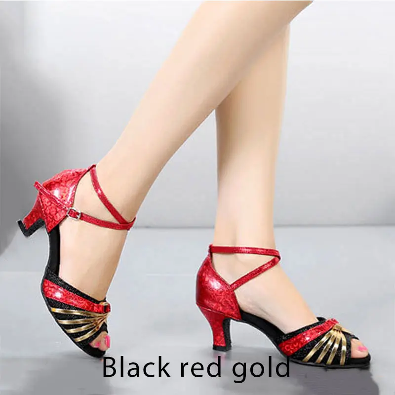 Black red gold Обувь для латинских танцев; женская обувь на каблуке 5,5 см; Обувь для бальных танцев сальсы; обувь для танго выступление; женские сандалии с мягкой подошвой; - Цвет: Black red gold
