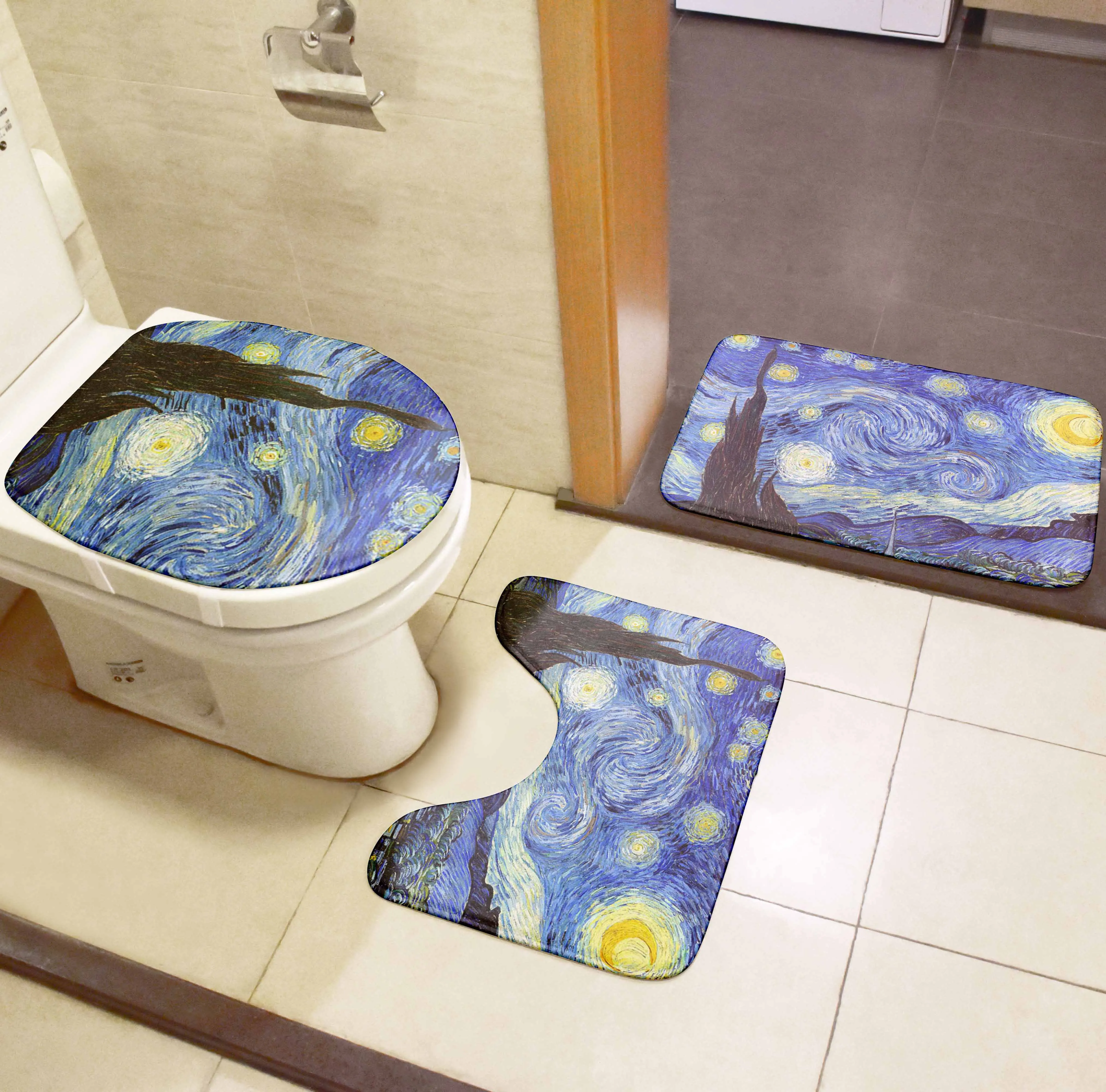 toilet mat set 3d van gogh oil painting sunflower starry night floor rugs bathroom shower flannel non slip carpet toilet cushion free global shipping