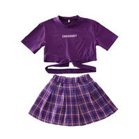 kids baby girls school korean uniform cheerleader school team hip hop competition performance cross strap top plaid skirt set