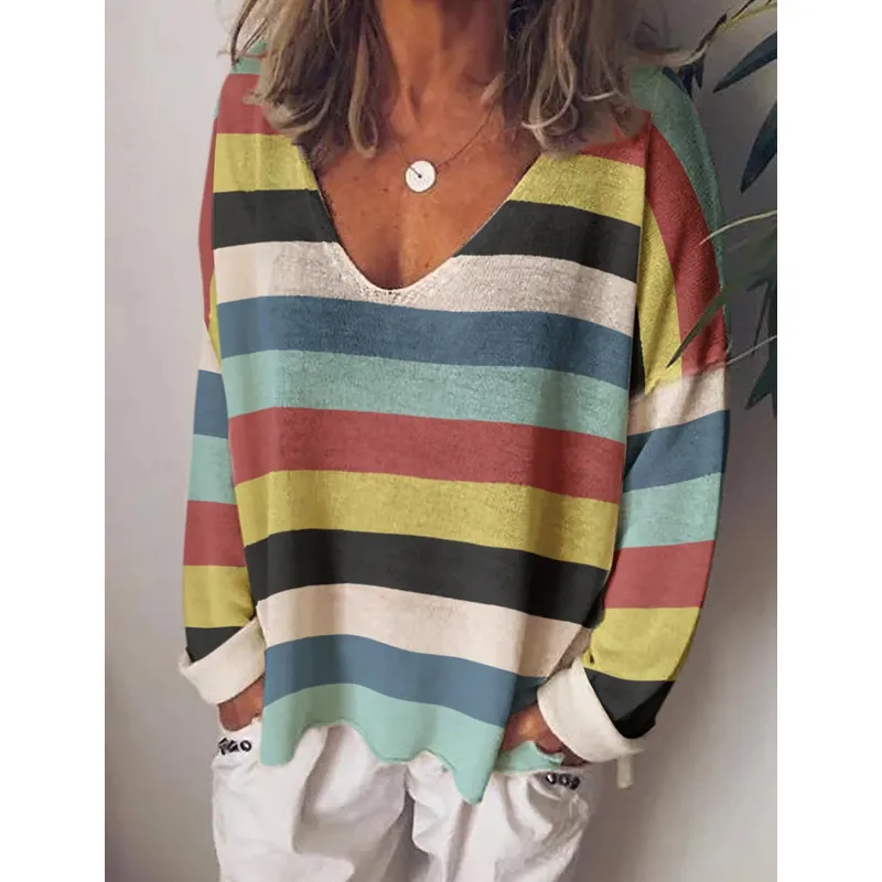 

Футболка женская оверсайз в полоску, с длинным рукавом и V-образным вырезом