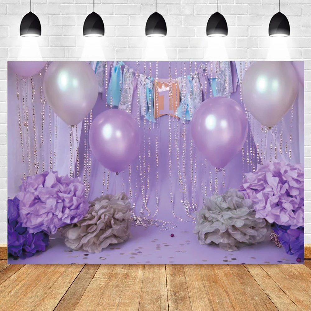 

Purple Balloon Flower Baby 1st Birthday Backdrop Portrait Photography Photographic Background Vinyl Photocall Prop Poster Banner