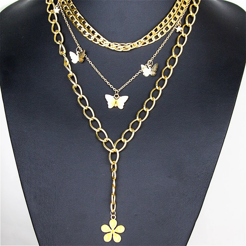 

Fashion Sunflower Butterfly Pendant Necklace For Women Gold Color Charm Multilayer Choker Chain Neckalce Jewelry Collares
