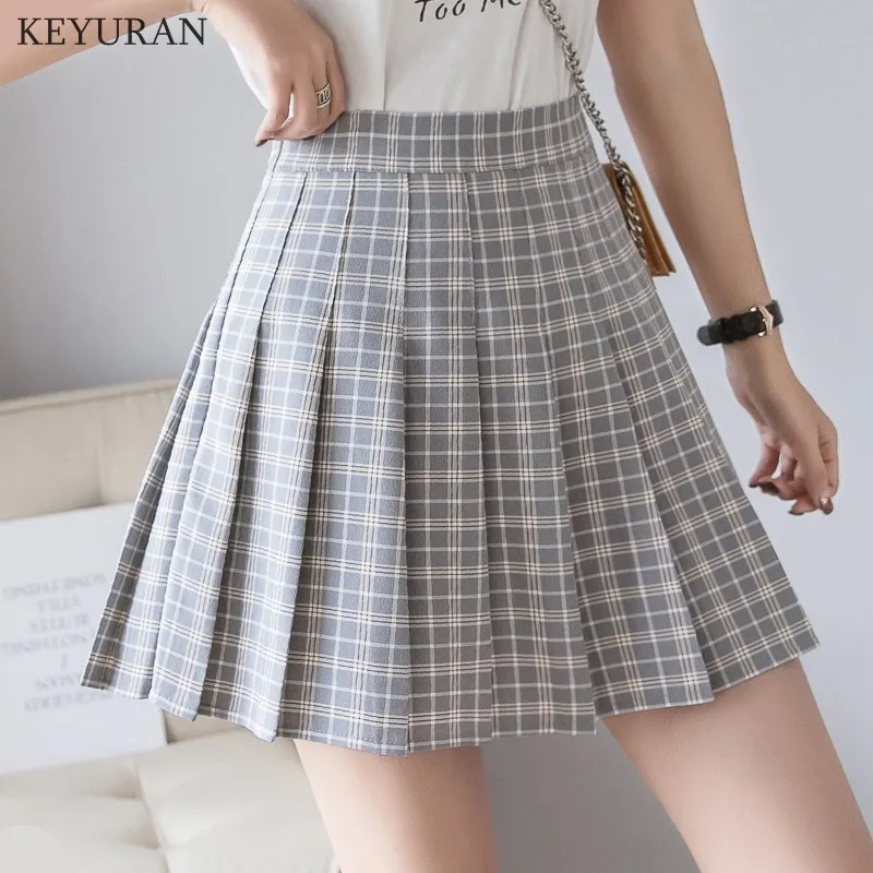 

KEYURAN Plaid Summer Women Skirt A-line 2021 High Waist Stitching Student Pleated Skirts Women Cute Sweet Girls Dance Mini Skirt