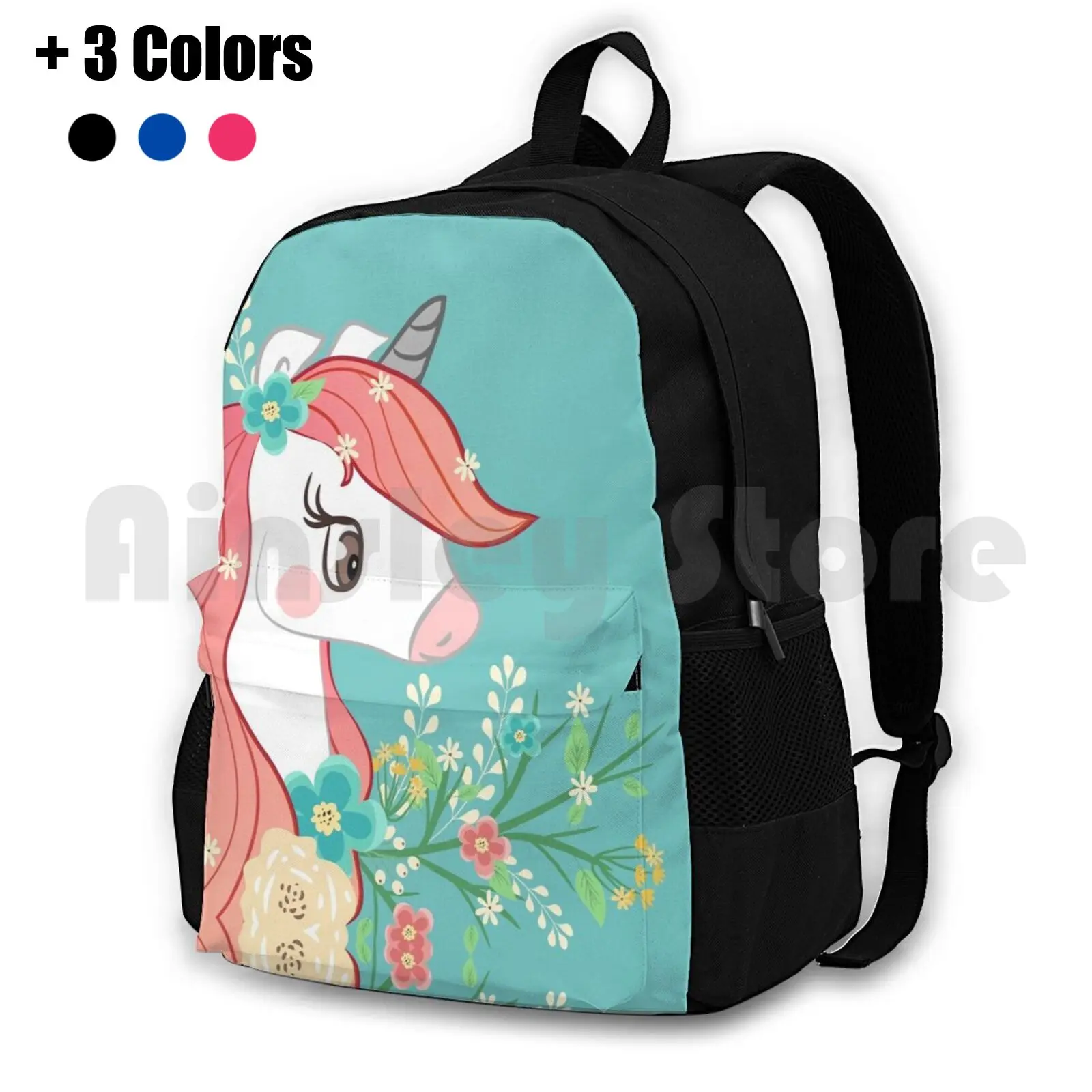 

Pink-Maned Unicorn Outdoor Hiking Backpack Riding Climbing Sports Bag Unicorn Flowers Floral Turquoise Pink Ombre Mane Pretty